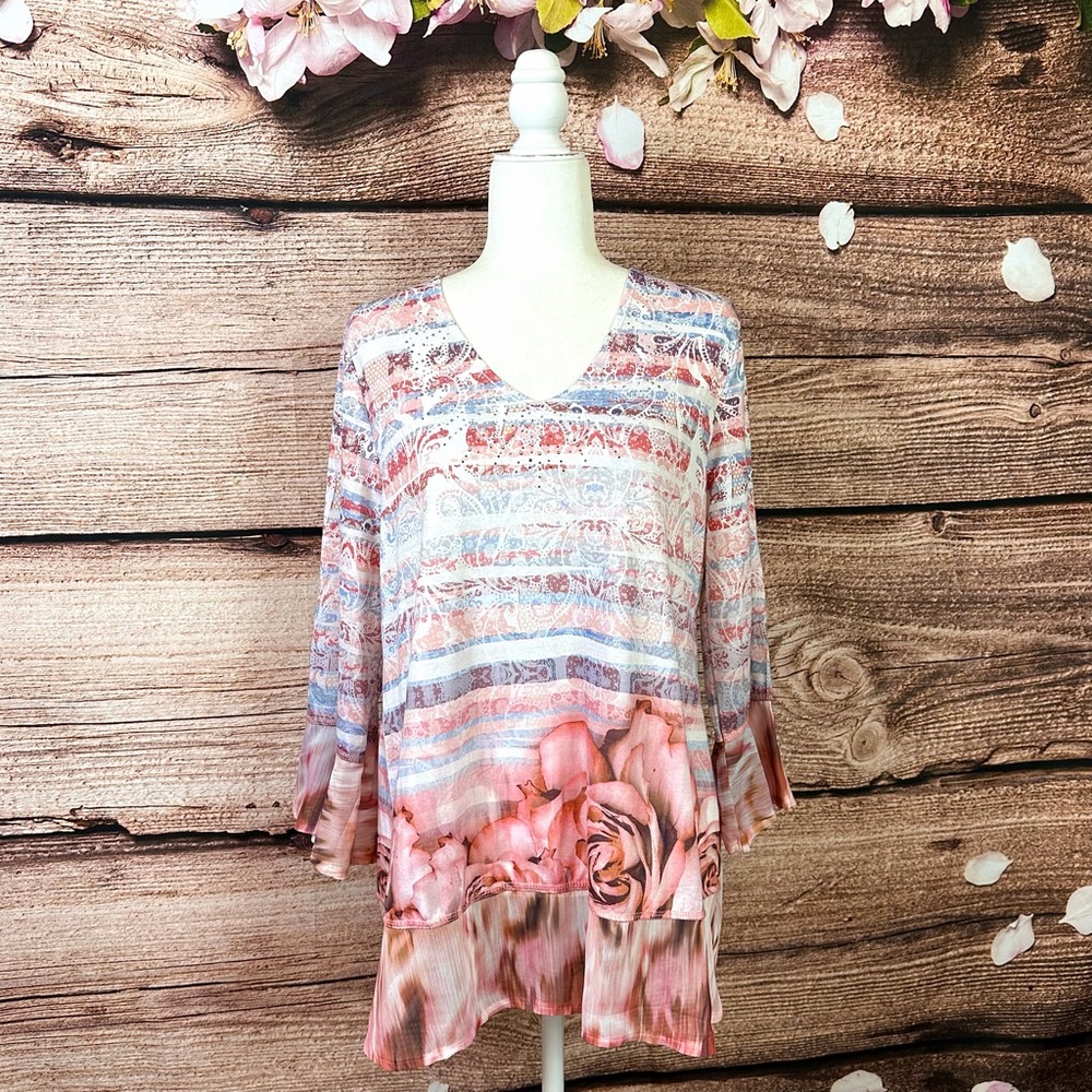 SOLD 🛍️ One World Women’s Beaded Floral Printed Bell Sleeve V-Neck Blouse Tunic